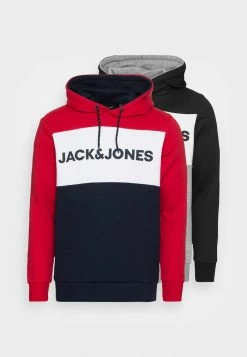 Jack & Jones JJELOGO BLOCKING HOOD 2 PACK - Sweatshirt - Tango Red/navy Blazer